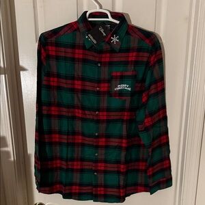 Cakeworthy Plaid Christmas Button Down Shirt with Santa Mickey on Back